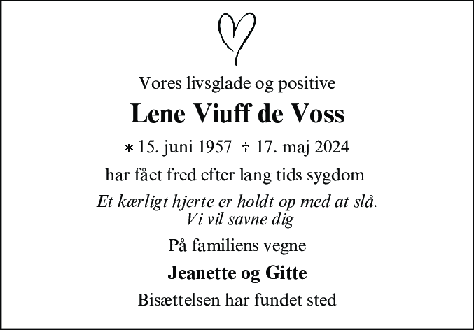 Dødsannonce for Lene Viuff de Voss