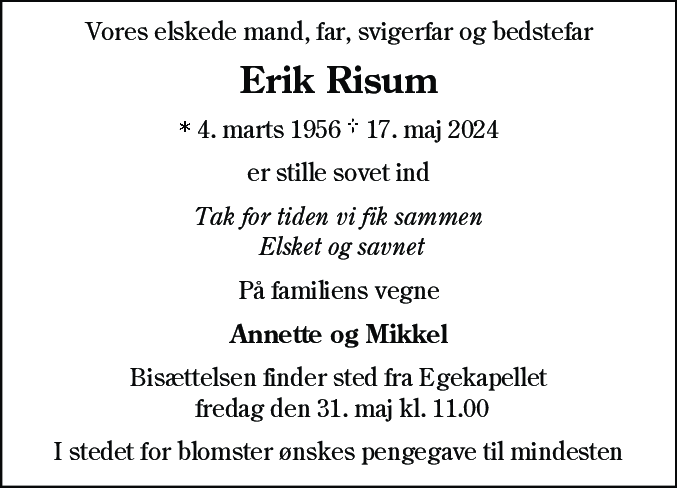 Dødsannonce for Erik Risum