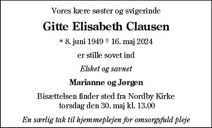 Dødsannonce for Gitte Elisabeth Clausen