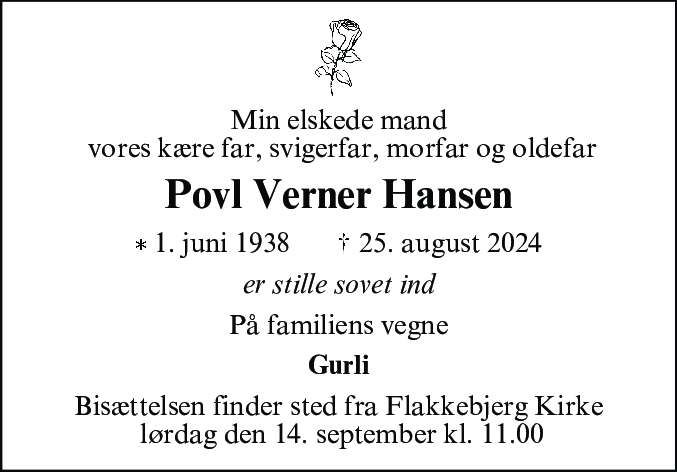 Dødsannonce for Povl Verner Hansen