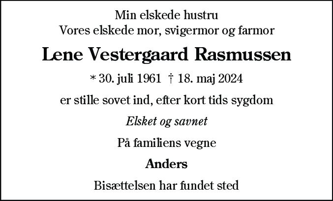 Dødsannonce for Lene Vestergaard Rasmussen