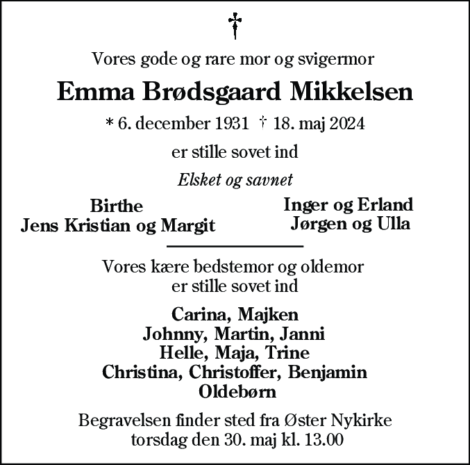 Dødsannonce for Emma Mikkelsen