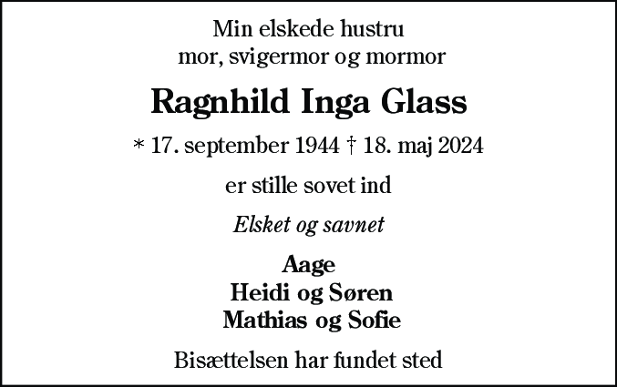 Dødsannonce for Ragnhild Inga Glass