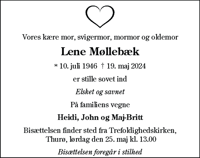 Dødsannonce for Lene Møllebæk
