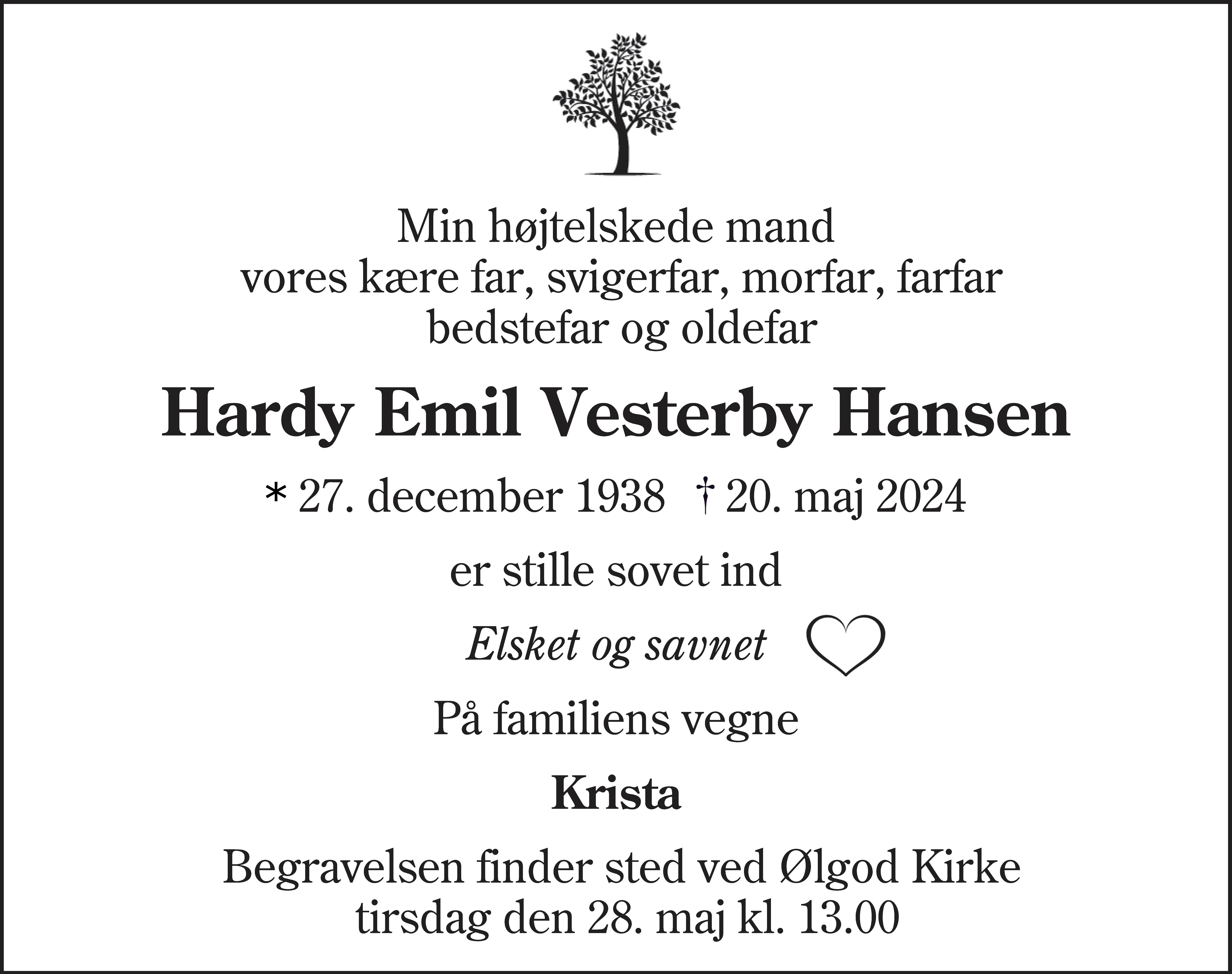 Dødsannonce for Hardy Emil Vesterby Hansen