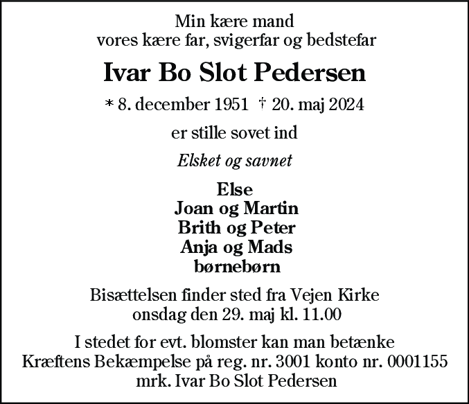 Dødsannonce for Ivar Bo Slot Pedersen
