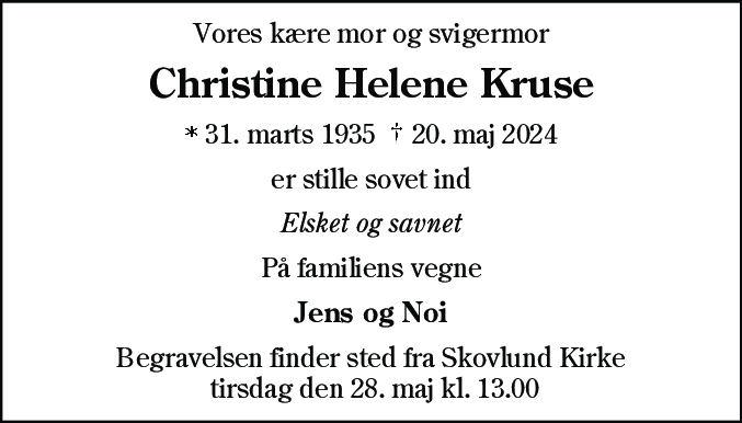 Dødsannonce for Christine Helene Kruse