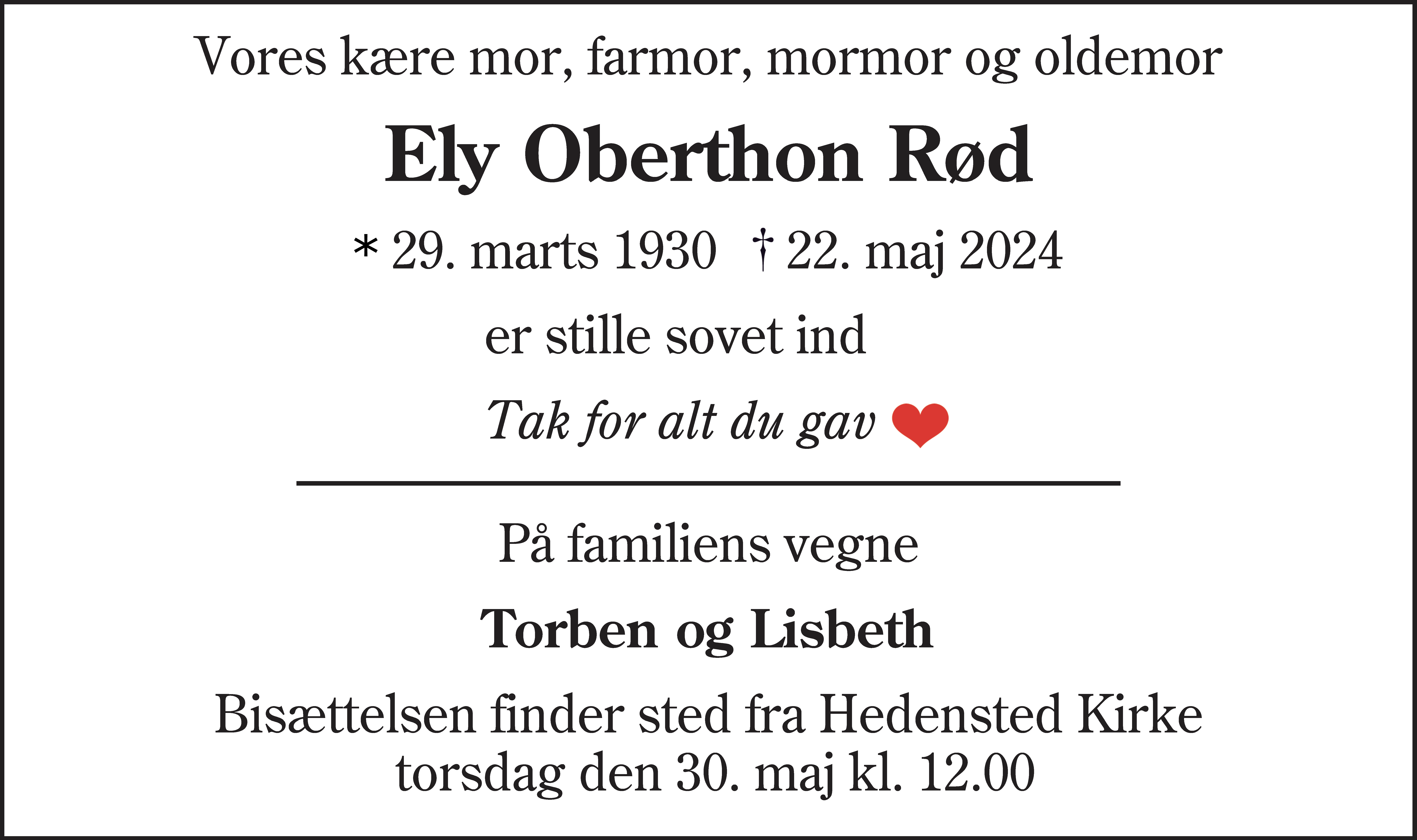 Dødsannonce for Ely Oberthon Rød