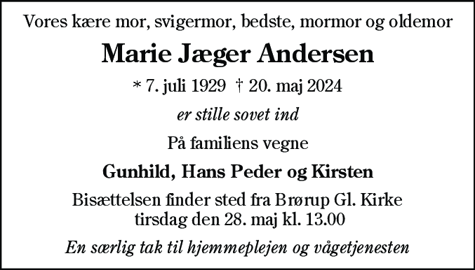 Dødsannonce for Marie Jæger Andersen
