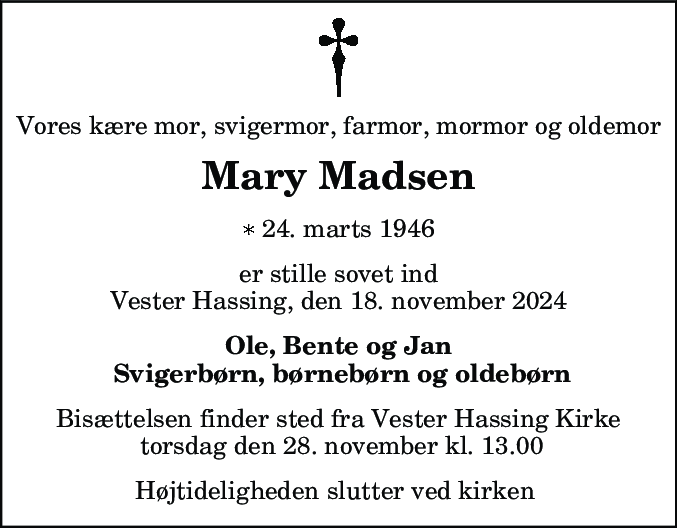 Dødsannonce for Mary Linda Madsen