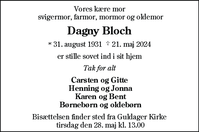 Dødsannonce for Dagny Bloch