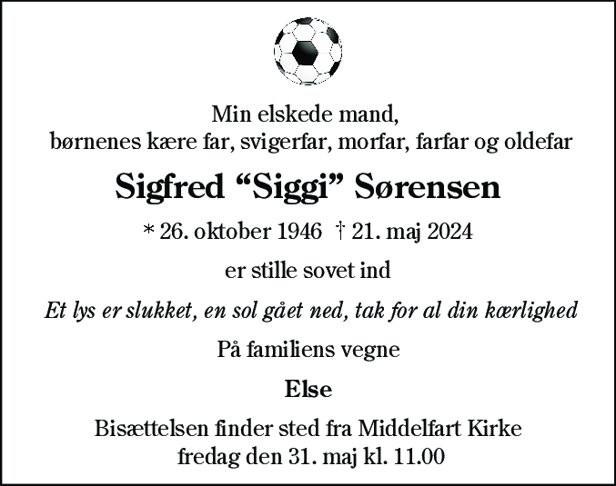 Dødsannonce for Sigfred Marinus Sørensen