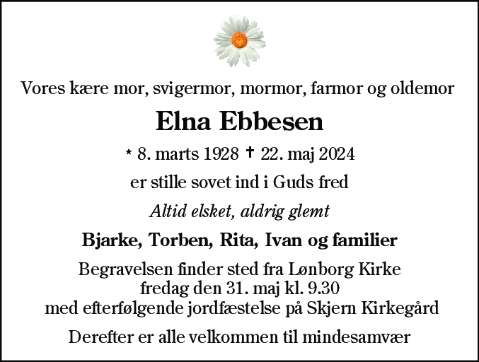 Dødsannonce for Elna Ebbesen