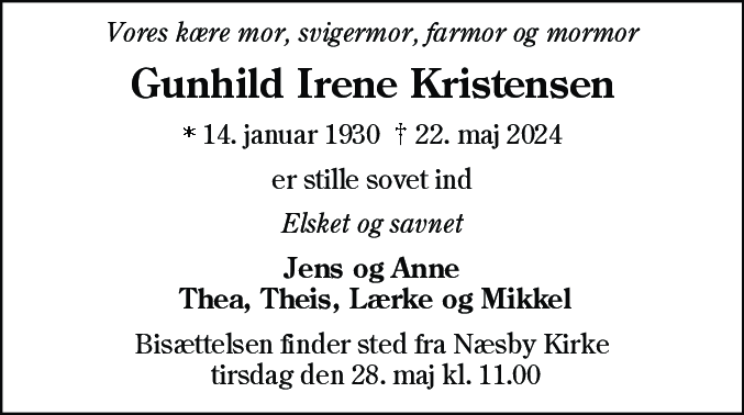 Dødsannonce for Gunhild Irene Kristensen