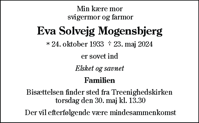 Dødsannonce for Eva Solvejg Mogensbjerg