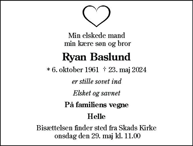 Dødsannonce for Ryan Baslund