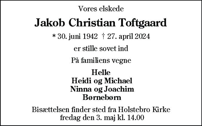 Dødsannonce for Jakob Christian Toftgaard