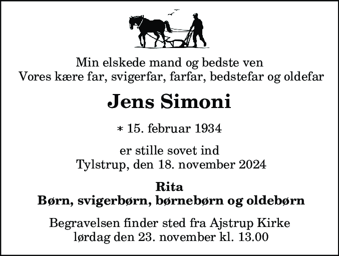 Dødsannonce for Jens Simoni