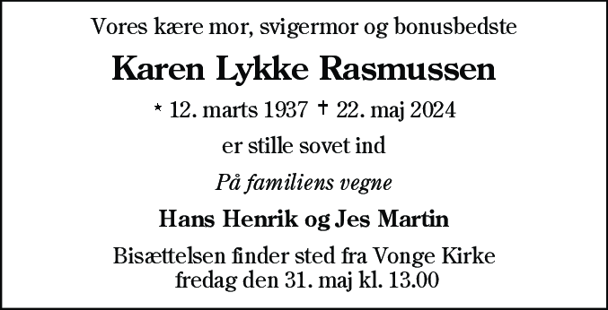 Dødsannonce for Karen Lykke Rasmussen