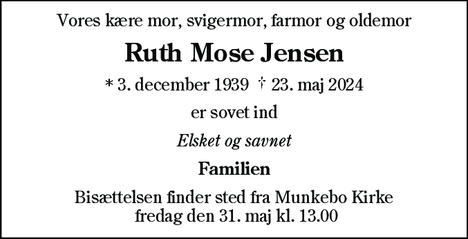 Dødsannonce for Ruth Mose Jensen