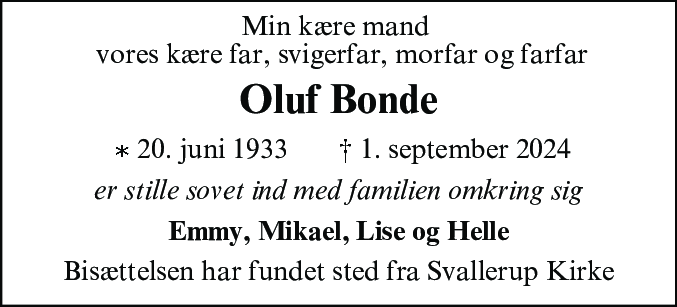 Dødsannonce for Oluf Bonde