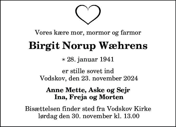 Dødsannonce for Birgit Norup Wæhrens