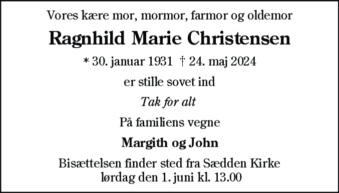 Dødsannonce for Ragnhild Marie Christensen