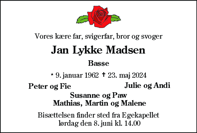 Dødsannonce for Jan Lykke Madsen
