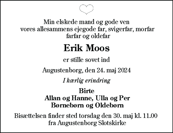 Dødsannonce for Erik Moos