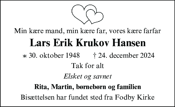 Dødsannonce for Lars Erik Krukov Hansen