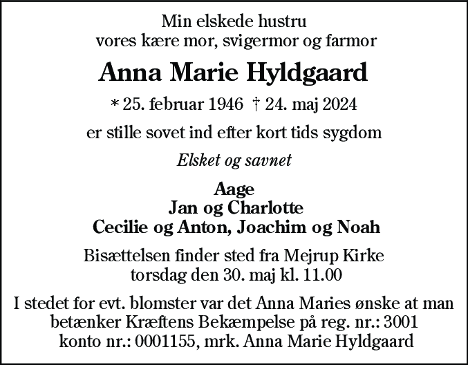 Dødsannonce for Anna Marie Hyldgaard