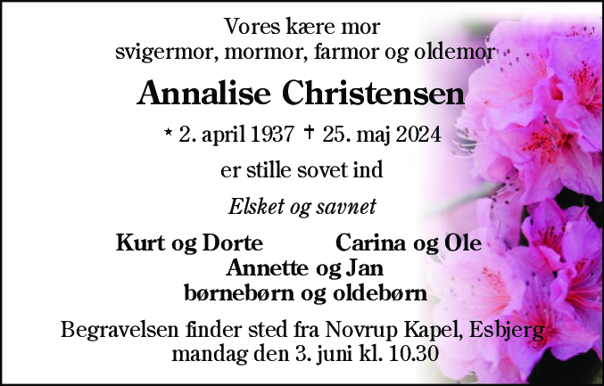 Dødsannonce for Annalise Christensen