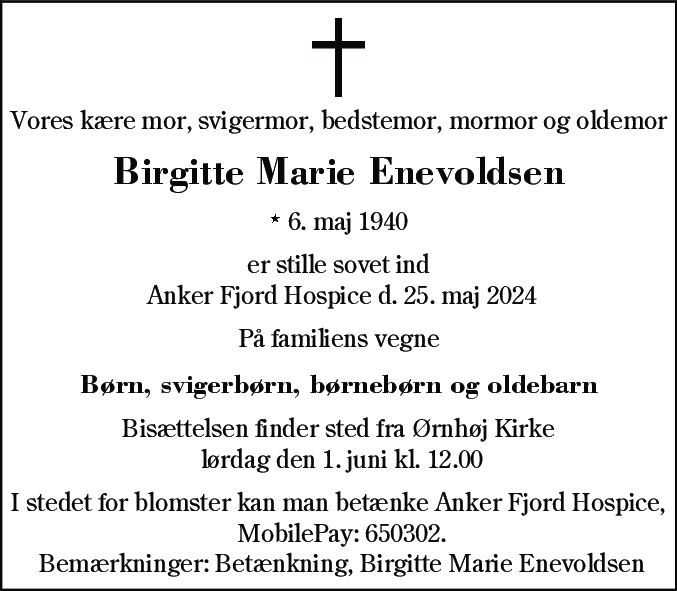 Dødsannonce for Birgitte Marie Enevoldsen