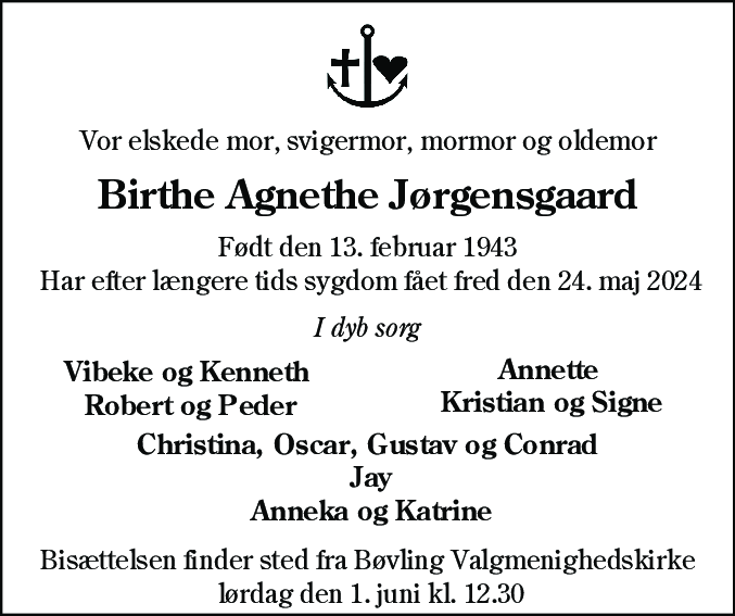 Dødsannonce for Birthe Agnethe Jørgensgaard