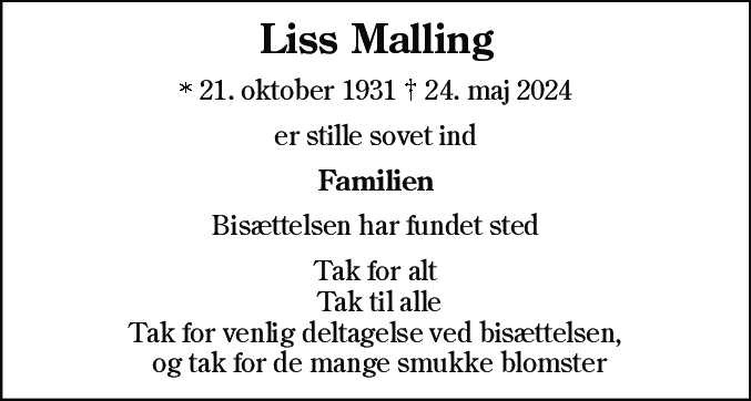 Dødsannonce for Liss Malling