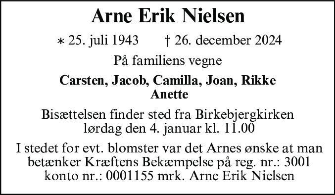 Dødsannonce for Arne Erik Nielsen