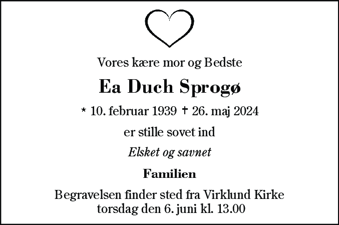 Dødsannonce for Ea Duch Sprogø