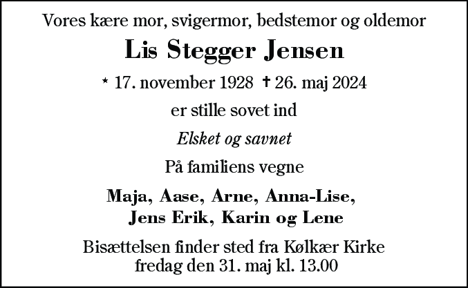 Dødsannonce for Lis Stegger Jensen