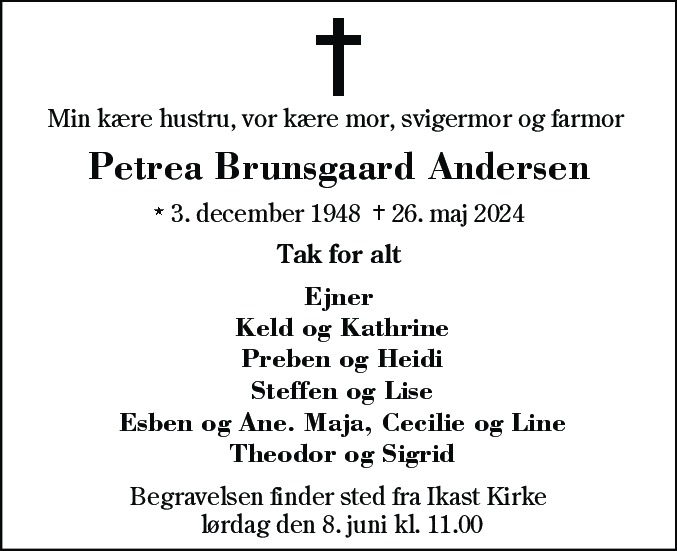 Dødsannonce for Petrea Brunsgaard Andersen