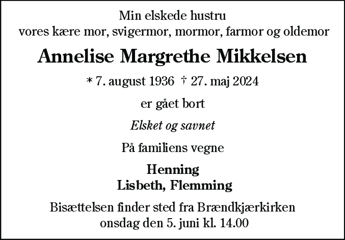 Dødsannonce for Annelise Margrethe Mikkelsen