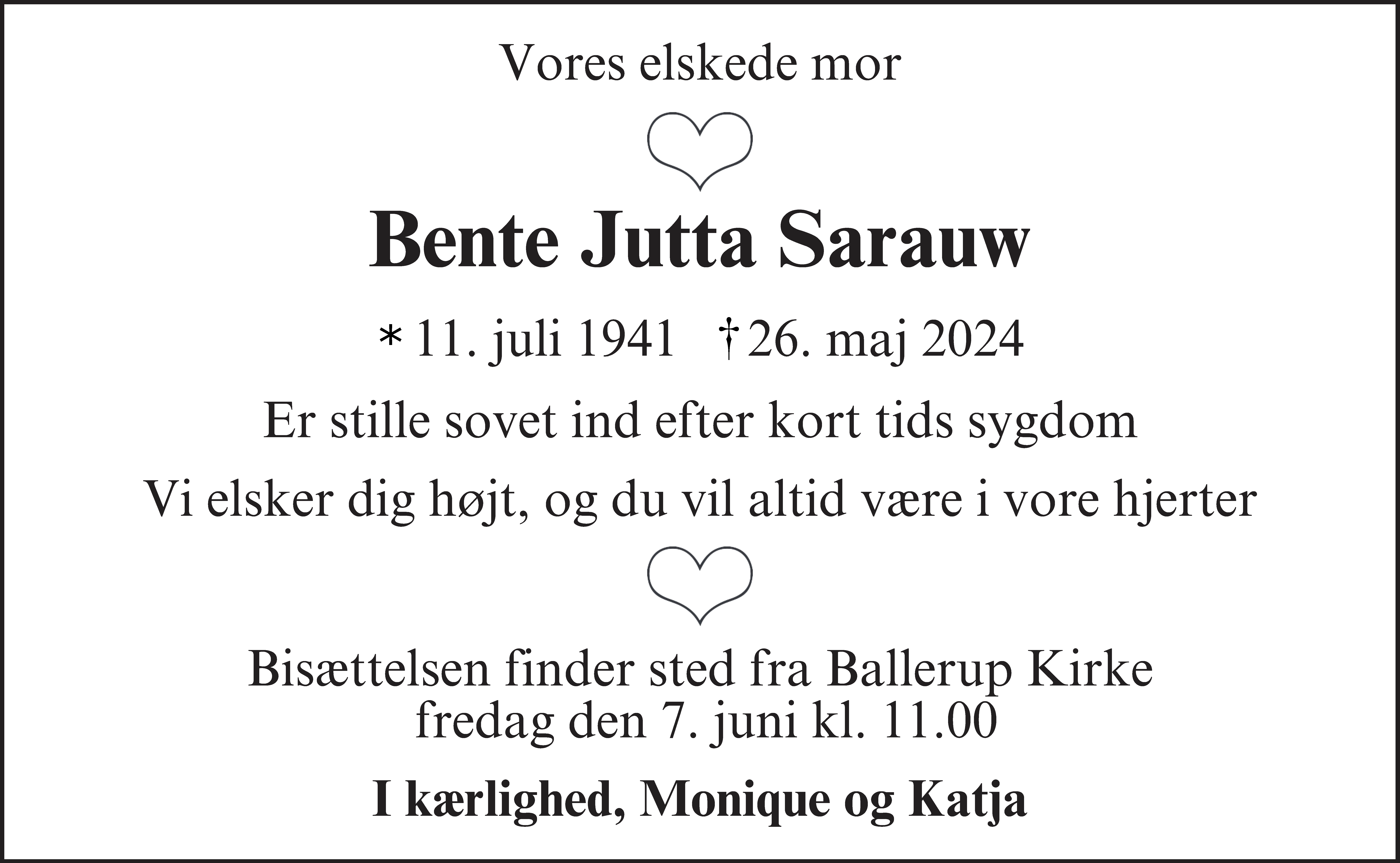 Dødsannonce for Bente Jutta Sarauw