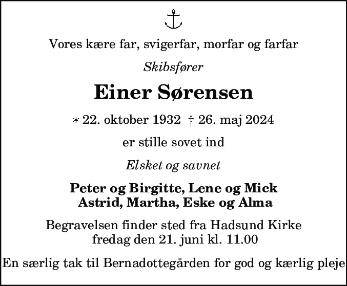 Dødsannonce for Einer Sørensen