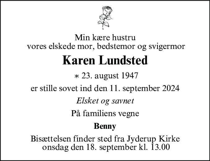 Dødsannonce for Karen Lissi Lundsted