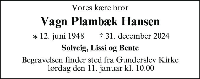 Dødsannonce for Vagn Plambæk Hansen