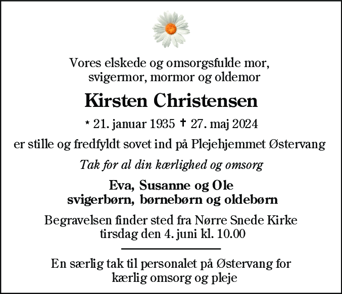 Dødsannonce for Kirsten Christensen