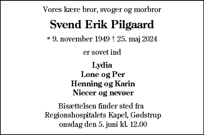 Dødsannonce for Svend Erik Pilgaard