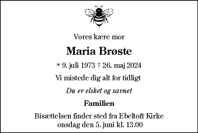 Dødsannonce for Maria Brøste
