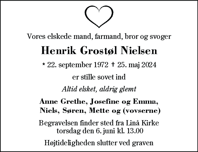Dødsannonce for Henrik Grostøl Nielsen