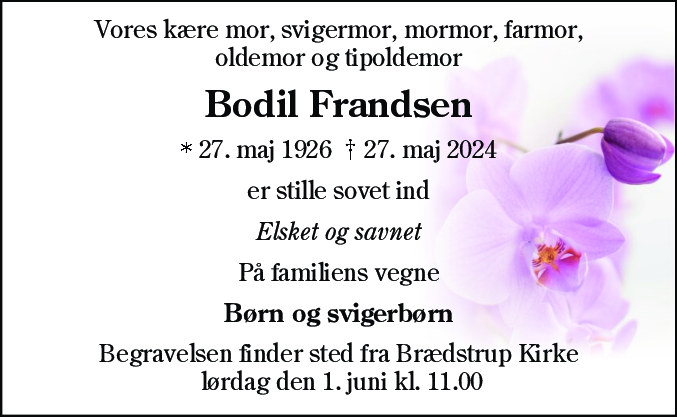 Dødsannonce for Bodil Frandsen