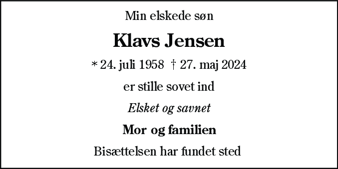 Dødsannonce for Klavs Jensen